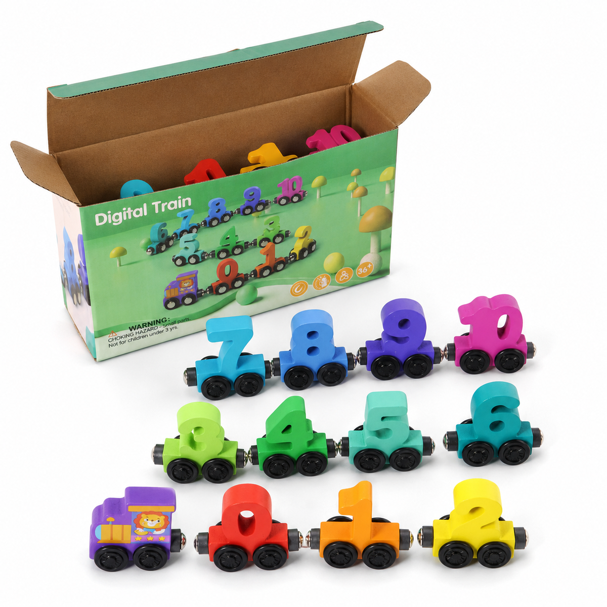 The Magnetic Train Blocks set features a vibrant wooden pull-along train, including a purple engine and cars shaped like numbers 0-10. Each numbered carriage connects easily using magnetic connectors, and the set is showcased in front of its green box adorned with cartoon graphics and a photo of the train.