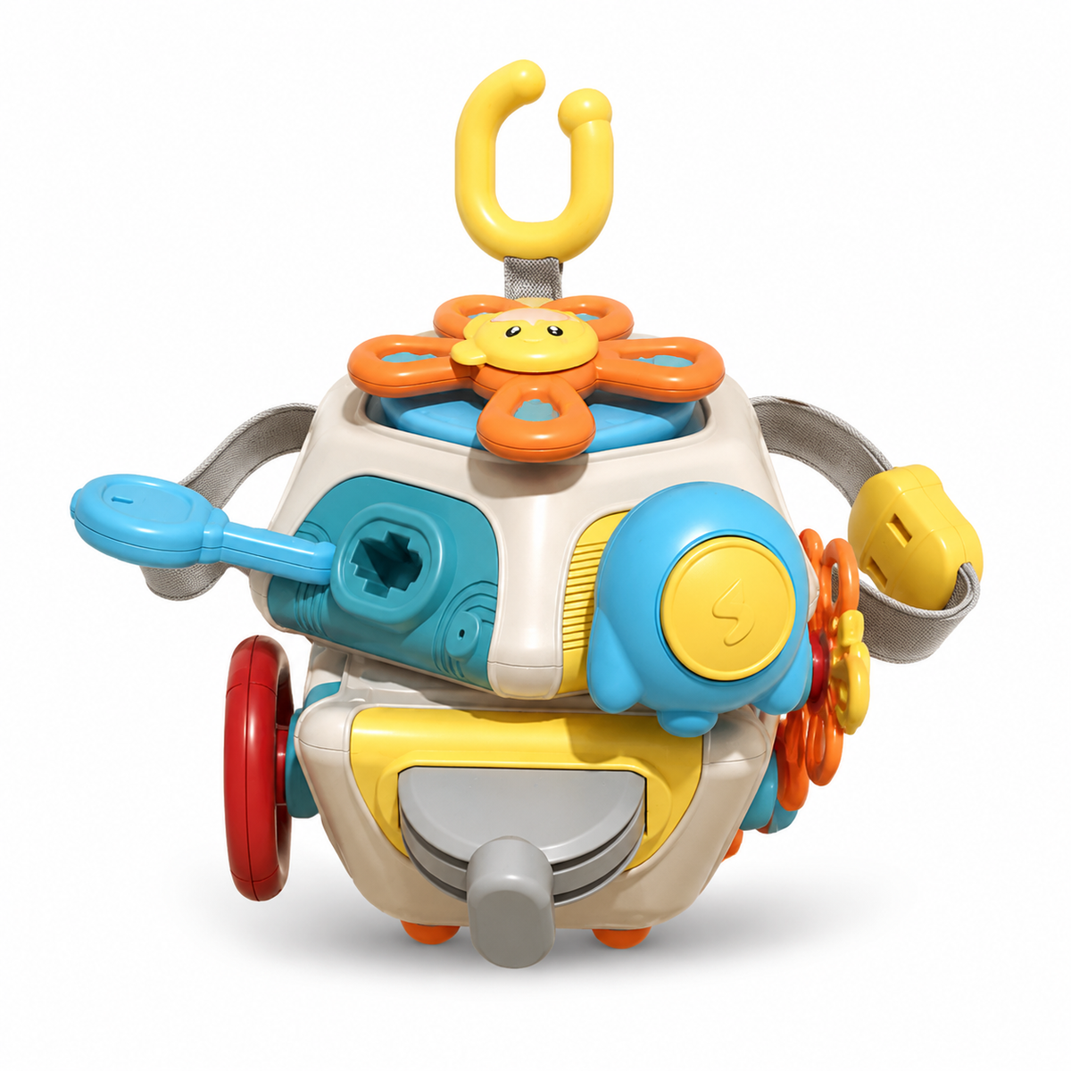 The 6-in-1 Educational Cube features a colorful toy robot design with a yellow hook on top, a blue and orange flower-like dial, and an array of gears, buttons, and wheels. This sensory toy is crafted for interactive play and exploration, presented against a plain white background.