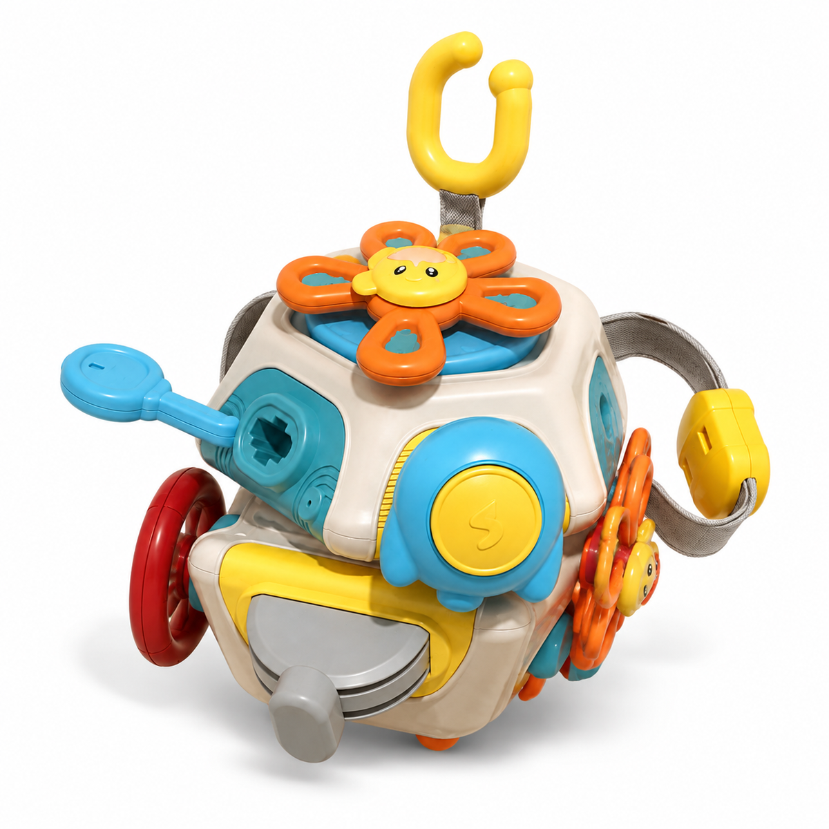 The 6-in-1 Educational Cube is a colorful plastic activity cube featuring various buttons, gears, levers, and shapes—including a smiling flower and a yellow handle—designed as a sensory toy to support young children’s play and learning.