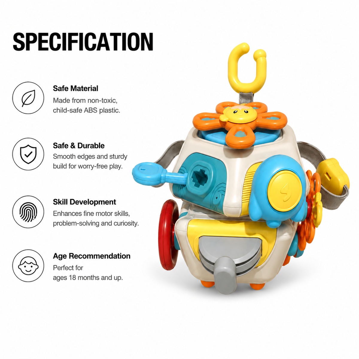 The 6-in-1 Educational Cube—featuring vibrant knobs, gears, and levers—provides endless entertainment for little ones. Highlights include safe and durable materials, support for skill development, and an age recommendation of 18 months and up. This activity cube is the ideal sensory toy to spark hands-on learning at home or as a convenient baby travel companion.