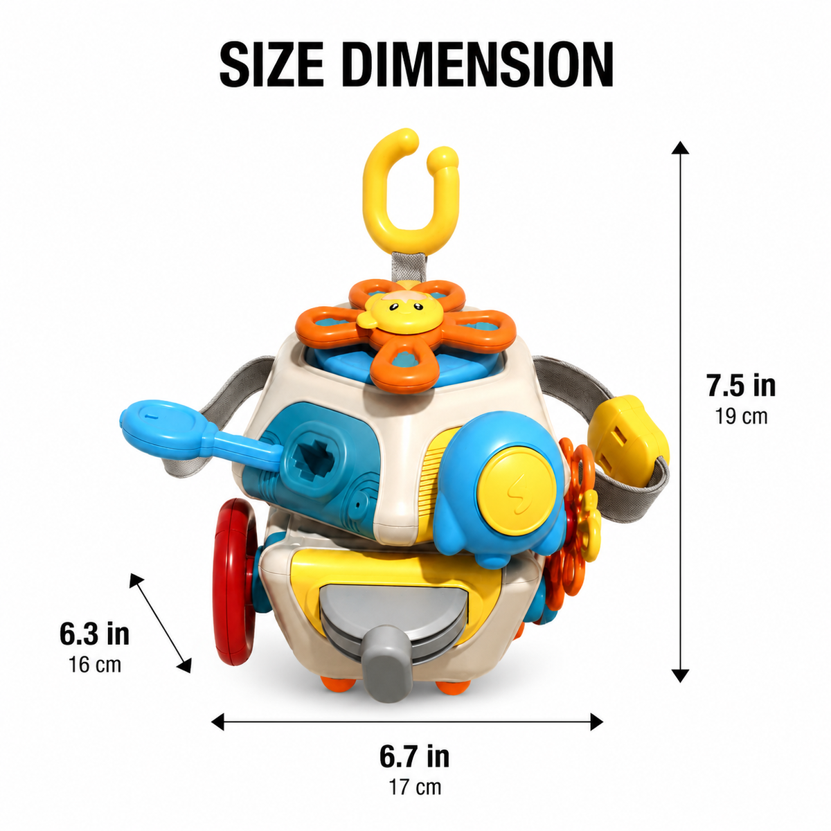 The 6-in-1 Educational Cube is a colorful activity toy featuring engaging gears, dials, and wheels. This sensory cube measures 7.5 in (19 cm) tall, 6.3 in (16 cm) deep, and 6.7 in (17 cm) wide—dimensions are clearly marked with arrows, with SIZE DIMENSION text displayed at the top. It’s perfect as a baby travel toy for on-the-go play and exploration.