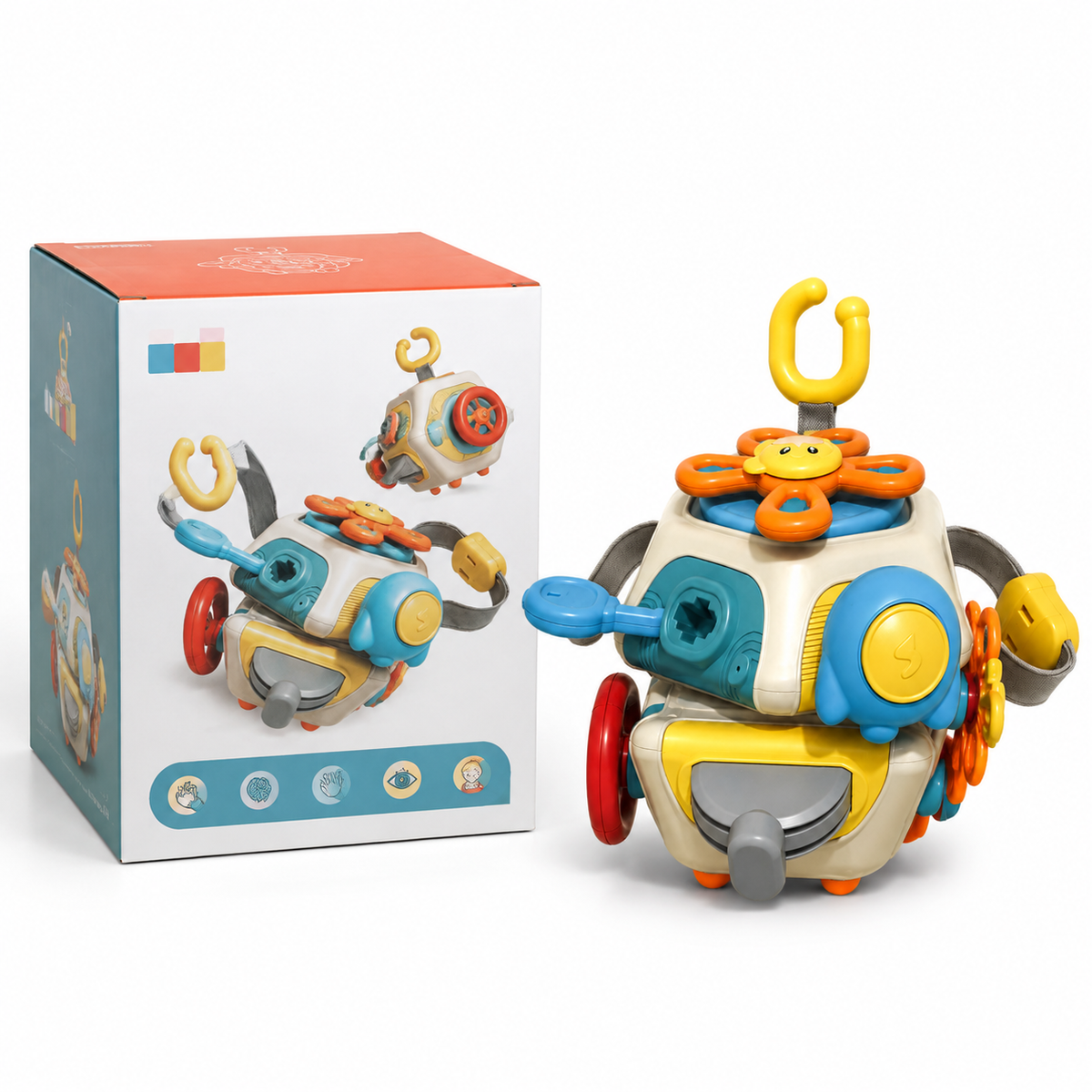 The vibrant 6-in-1 Educational Cube, shaped like a robot and featuring gears, buttons, and keys for sensory play, makes an engaging travel toy for babies—displayed alongside its matching packaging box adorned with the same toy image and playful design elements.