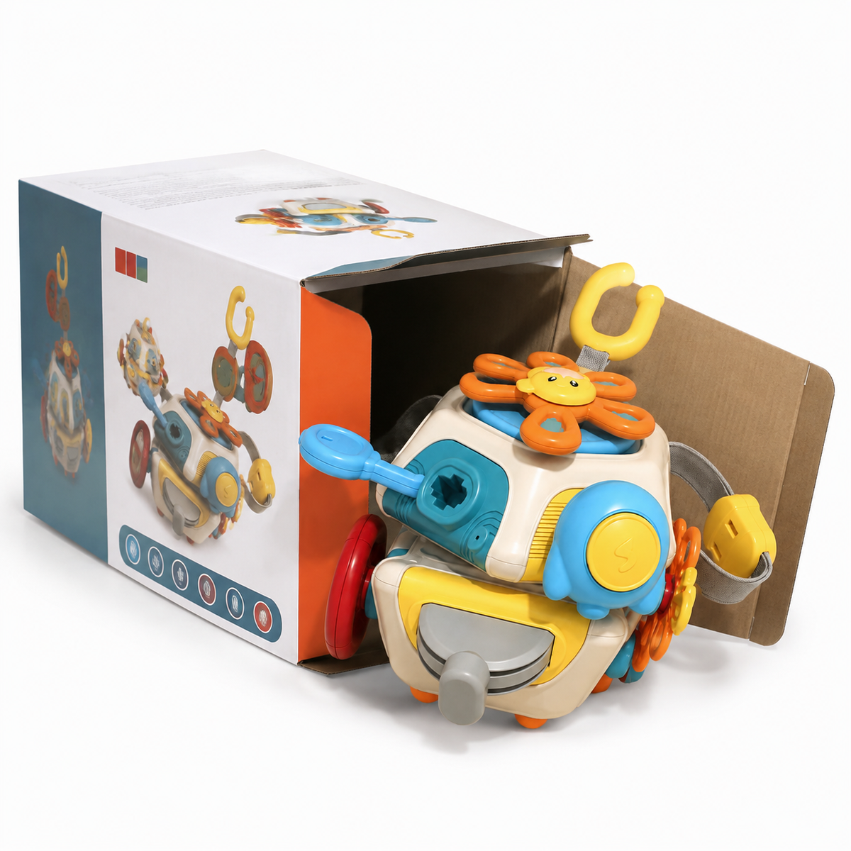 The 6-in-1 Educational Cube, a vibrant multi-activity baby toy with gears and knobs, is partly out of its open box displaying an image of the activity cube and icons along the side—making it an engaging sensory toy that’s perfect for little ones at home or as a baby travel toy on the go.