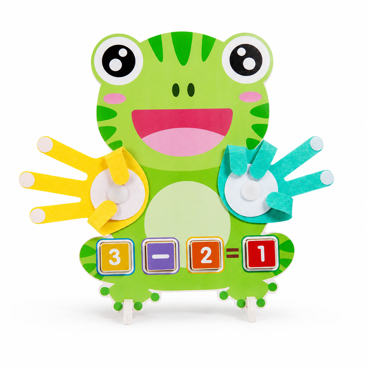 The Frog Math Puzzle is a vibrant, frog-themed learning toy featuring movable felt hands, number tiles (3, 2, 1), a minus sign, and cheerful facial details on a white background—an ideal way to introduce early math concepts through fun and interactive play.