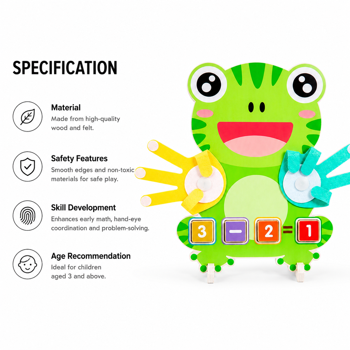 Frog Math Puzzle is a colorful wooden toy shaped like a frog, featuring rotating hands, number blocks, and various shapes. Designed as a Montessori math toy, it encourages early math learning through interactive play. The product description highlights its durable wooden material, child-safe features, support for skill development, and suitability for children aged 3 years and above.