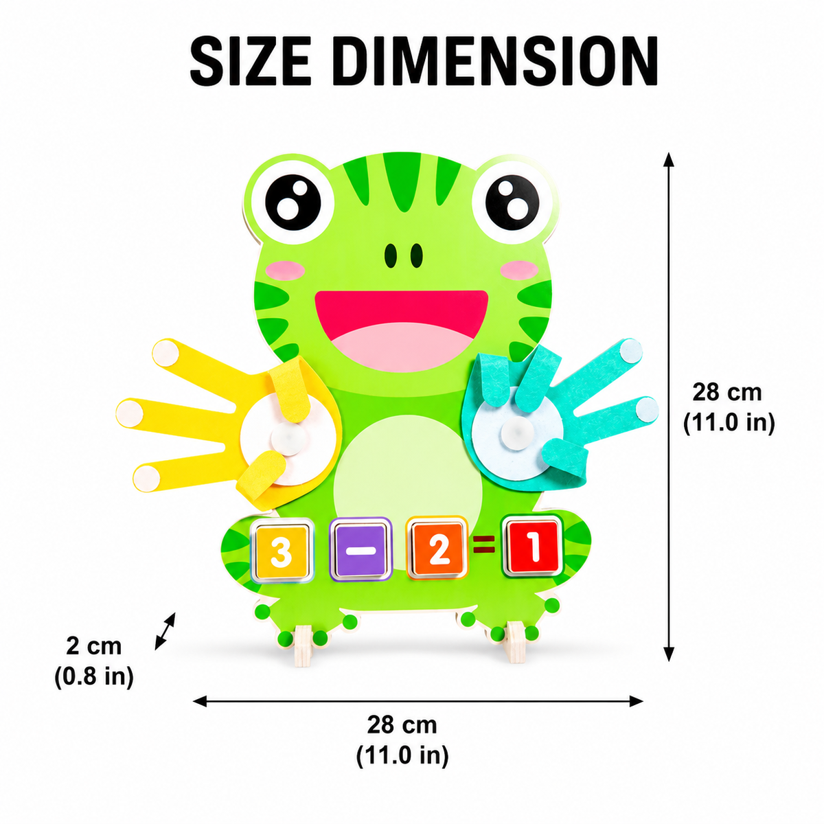The Frog Math Puzzle, a green frog-themed Montessori math toy adorned with colorful hands and number blocks, is pictured with arrows displaying its dimensions: 28 cm (11.0 in) tall and 28 cm (11.0 in) wide, featuring a base height of 2 cm (0.8 in).
