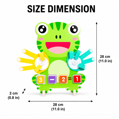 The Frog Math Puzzle, a green frog-themed Montessori math toy adorned with colorful hands and number blocks, is pictured with arrows displaying its dimensions: 28 cm (11.0 in) tall and 28 cm (11.0 in) wide, featuring a base height of 2 cm (0.8 in).