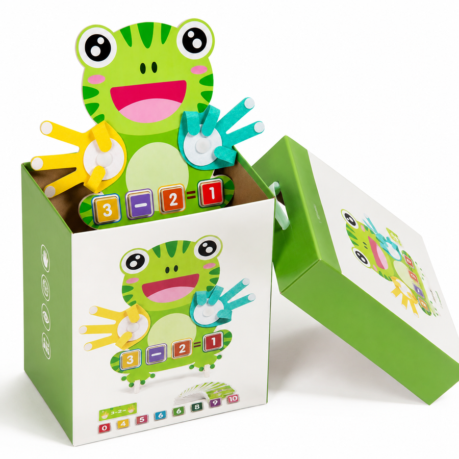 Introducing the Frog Math Puzzle: an educational toy box in a playful green frog theme, filled with colorful numbered blocks and hand shapes. The open lid reveals the cheerful frog design and vibrant blocks displayed on the side, making it a perfect Montessori math learning toy to engage children.