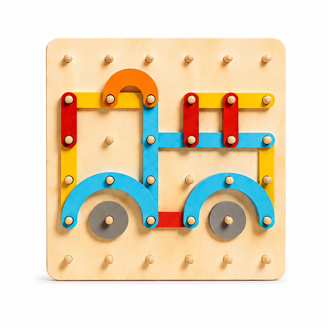 The Montessori Shape Builder is a wooden pegboard toy featuring colorful red, yellow, orange, and blue pieces that children can arrange on a square board with round pegs to form the shape of a truck. Designed to encourage fine motor skills development, it also includes pattern cards for added fun and learning, allowing kids to create various designs on the wooden pegboard.