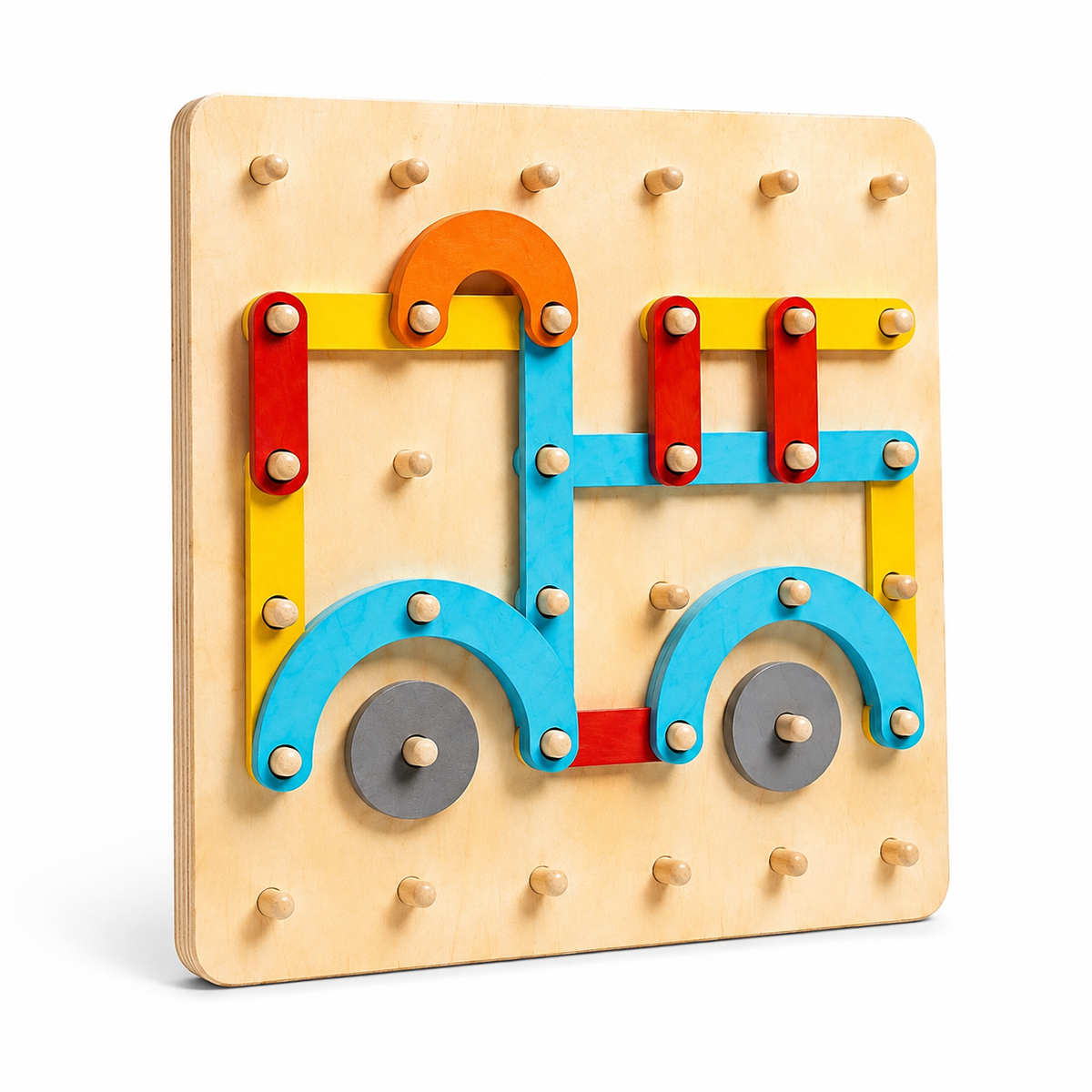 The Montessori Shape Builder is a wooden pegboard toy featuring colorful geometric pieces in blue, yellow, red, orange, and gray, arranged to resemble a vehicle—such as a truck or bus—against a white background. Designed to help develop fine motor skills.