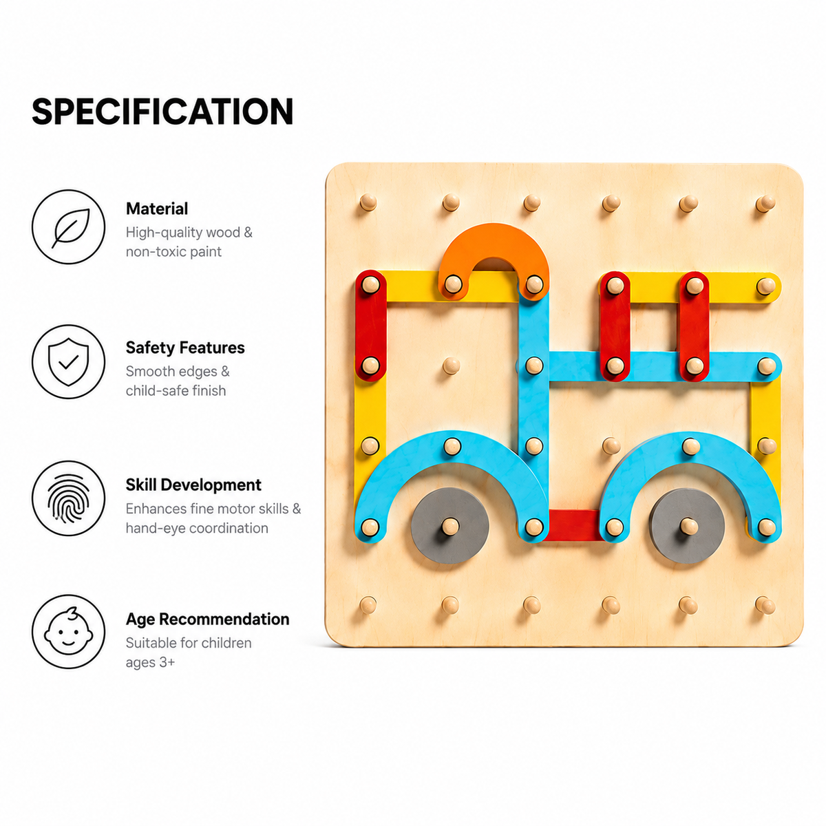 Introducing the Montessori Shape Builder: a vibrant wooden puzzle toy shaped like a colorful truck, crafted from high-quality wood and finished with non-toxic paint for your child’s safety. Designed with smooth edges and a child-safe finish, this engaging toy promotes skill development—including fine motor skills—and is recommended for ages 3 and up. For added learning fun, it includes pattern cards inspired by the classic wooden pegboard design.
