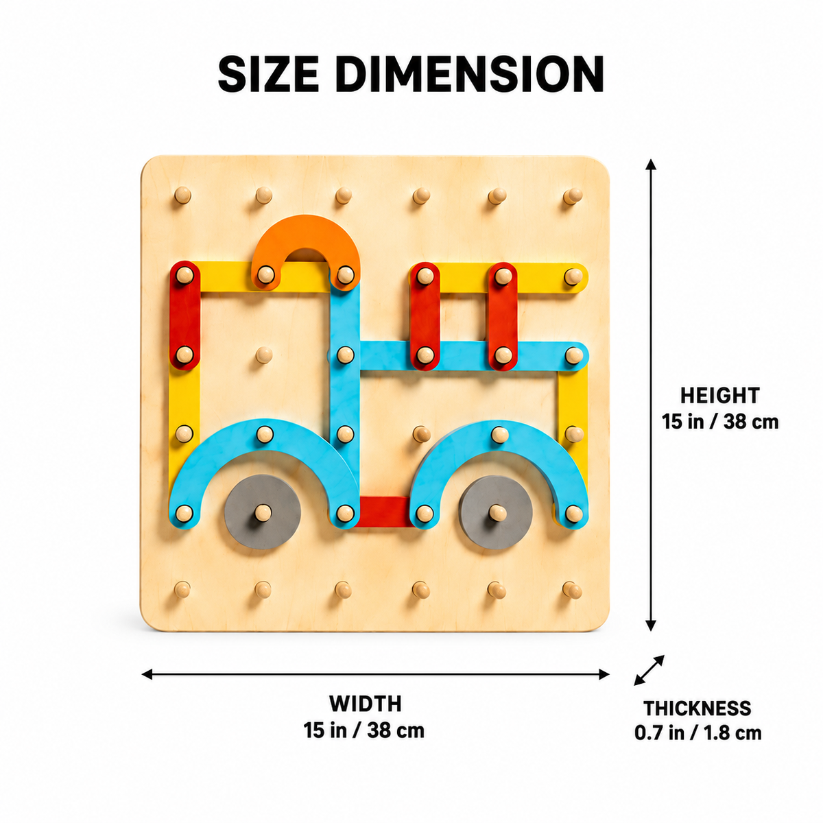 The Montessori Shape Builder is a square wooden peg board featuring a vibrant train design created with shaped pieces—ideal for developing fine motor skills. The board measures 15 in/38 cm on each side and is 0.7 in/1.8 cm thick. Above the image, bold text displays the Size Dimension.