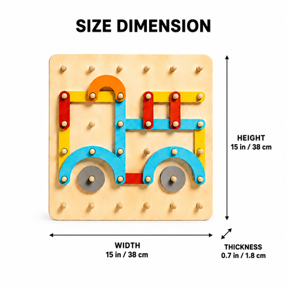 The Montessori Shape Builder is a square wooden peg board featuring a vibrant train design created with shaped pieces—ideal for developing fine motor skills. The board measures 15 in/38 cm on each side and is 0.7 in/1.8 cm thick. Above the image, bold text displays the Size Dimension.