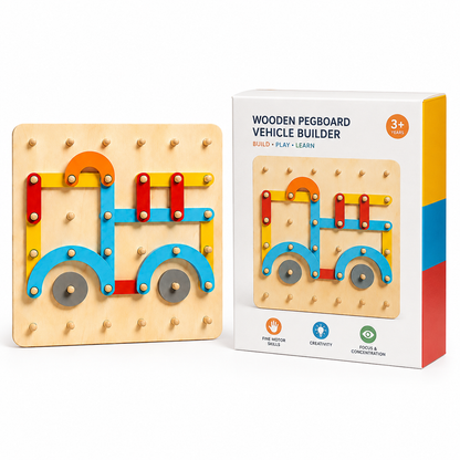 A wooden pegboard toy shaped like a truck sits next to its box, which features the same vehicle design. Ideal for building fine motor skills, the box reads Montessori Shape Builder for ages 3 and up.