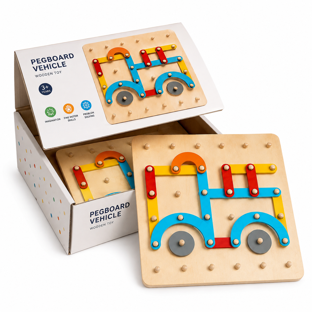 Montessori Shape Builder is a wooden pegboard toy with colorful pieces that form a vehicle shape, designed to help develop fine motor skills. The toy is displayed on a board, with the open box featuring the same design positioned behind it. The box text reads “Pegboard Vehicle Wooden Toy.”.