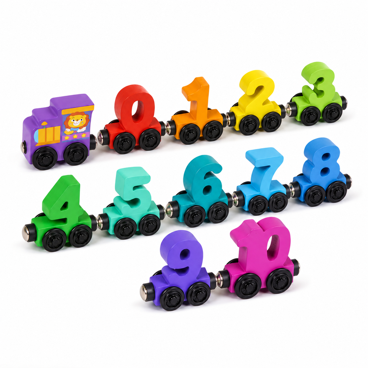 The Magnetic Train Blocks set features a vibrant wooden pull-along train with a purple engine and carriages shaped like the numbers 0 to 10, each in a different bright color. Each carriage has black wheels and magnetic connectors, all arranged in two rows on a white background.