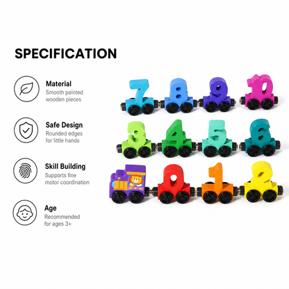 Magnetic Train Blocks feature colorful wooden train cars shaped like numbers 0–9 plus a train engine, all connected by magnetic connectors for easy assembly. Made from safe, high-quality materials with a child-friendly design, these numbered carriages help build essential skills and are recommended for ages 3 and up.