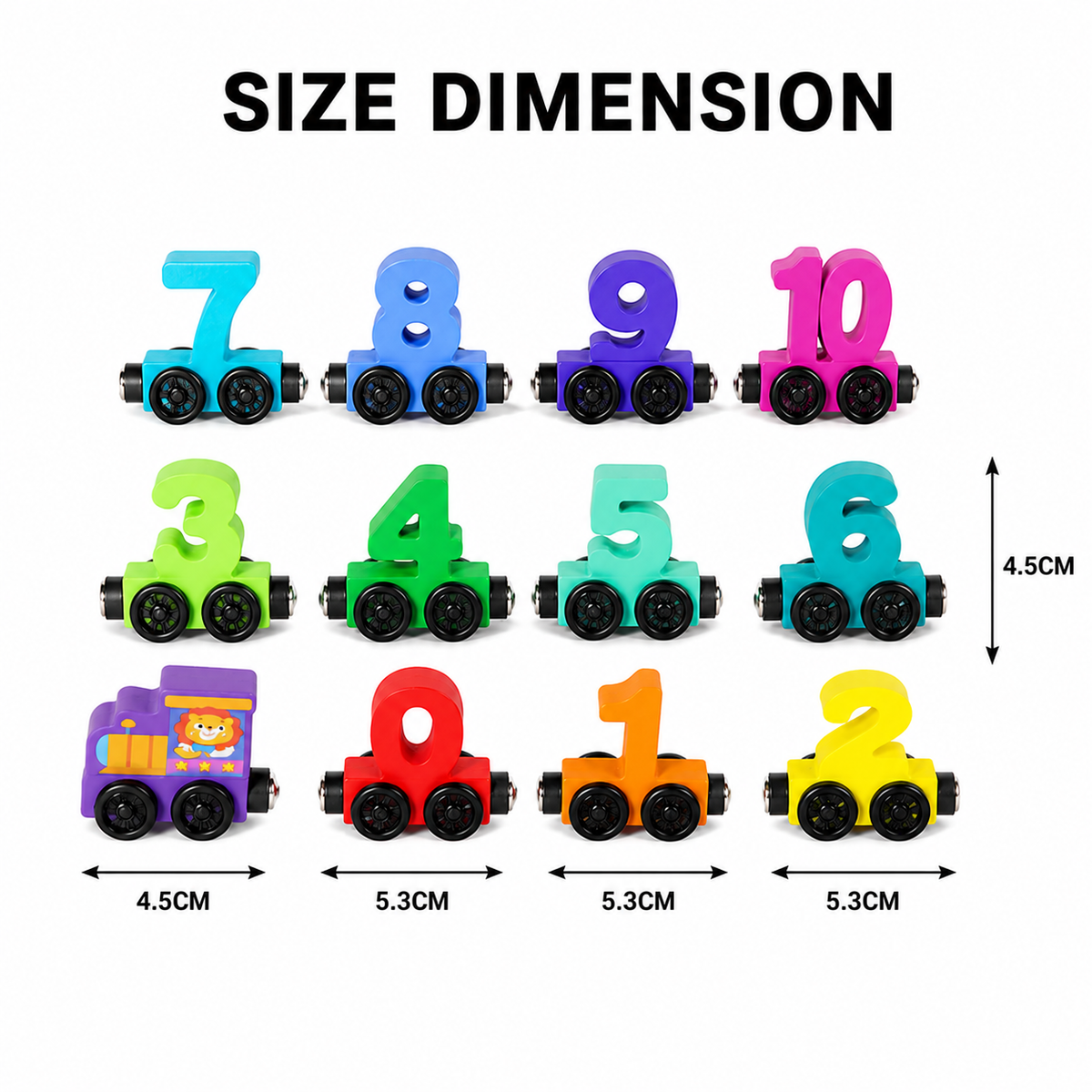 Magnetic Train Blocks features twelve numbered carriages (0–10) and an engine, each with wheels, forming a colorful wooden pull-along train. Carriages are connected by magnetic connectors, with each train car displaying a different color and number. Dimensions: 4.5 cm or 5.3 cm wide, 4.5 cm tall.