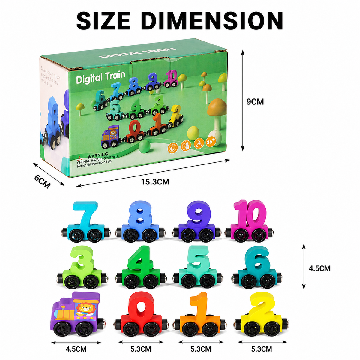 The Magnetic Train Blocks set comes in a box measuring 15.3 cm by 6 cm by 9 cm and includes vibrant wooden toy train cars numbered 0–9, each car sized at 5.3 cm by 4.5 cm, along with a locomotive. The pull-along train features numbered carriages that connect easily with magnetic connectors for simple assembly.
