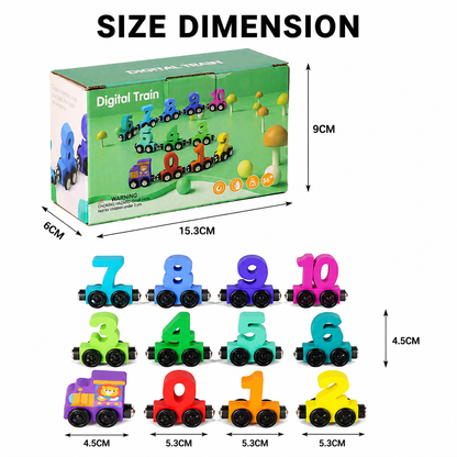 The Magnetic Train Blocks set comes in a box measuring 15.3 cm by 6 cm by 9 cm and includes vibrant wooden toy train cars numbered 0–9, each car sized at 5.3 cm by 4.5 cm, along with a locomotive. The pull-along train features numbered carriages that connect easily with magnetic connectors for simple assembly.