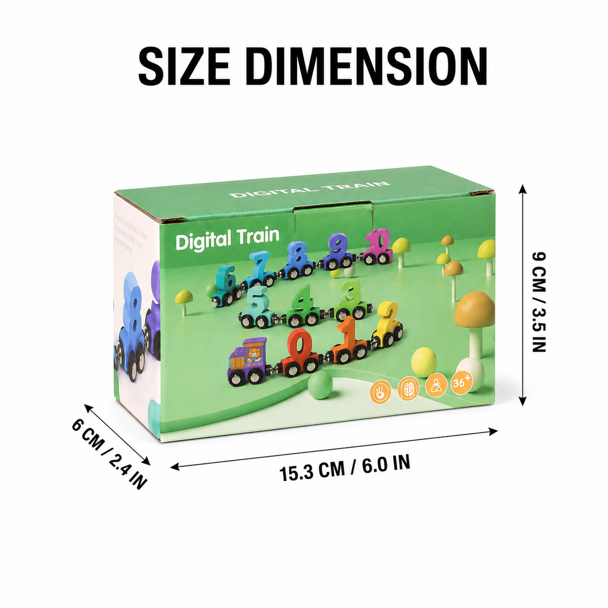 A green box labeled Magnetic Train Blocks displays a colorful toy train with magnetic connectors and numbered carriages, surrounded by trees. The box measures 15.3 cm x 6 cm x 9 cm (6 in x 2.4 in x 3.5 in).