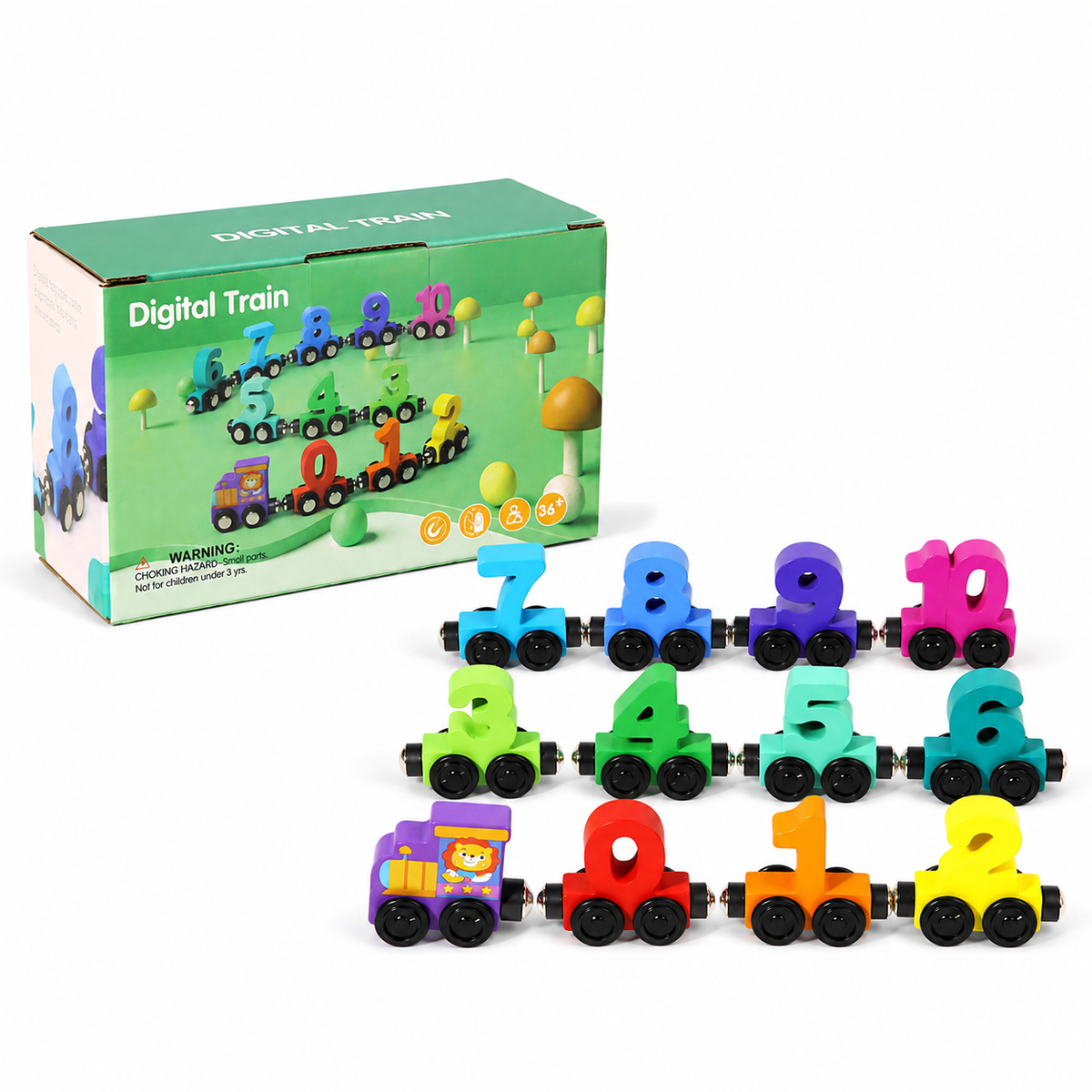 A colorful set of Magnetic Train Blocks with numbered carriages from 0 to 10 and a smiling engine is displayed next to its green box labeled “Digital Train.” This wooden pull-along train features magnetic connectors, and the toy cars are arranged in three rows on a white background.