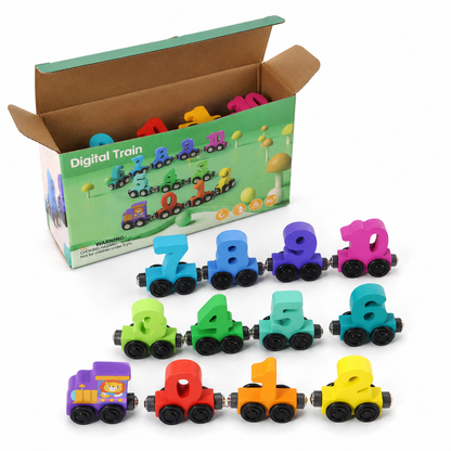 The Magnetic Train Blocks set features a vibrant wooden pull-along train, including a purple engine and cars shaped like numbers 0-10. Each numbered carriage connects easily using magnetic connectors, and the set is showcased in front of its green box adorned with cartoon graphics and a photo of the train.